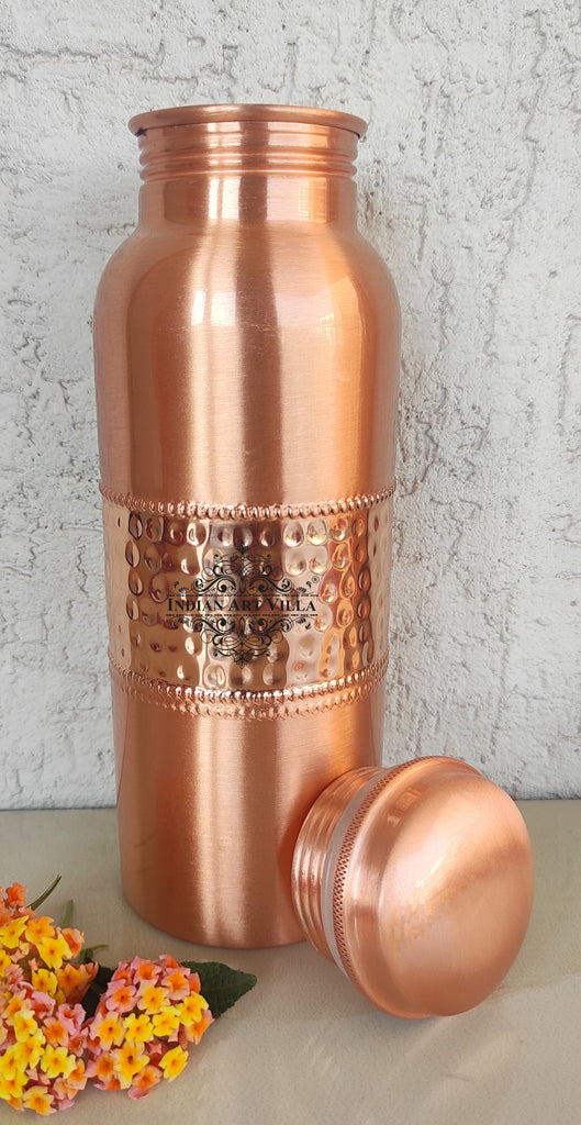 Indian Art Villa Copper Lacquer Coated Two Ring Hammered Design Bottle, Volume-750