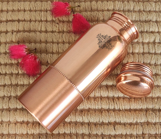 Dual finish 1000ml pure copper water bottle featuring sleek lacquer and brushed plain design