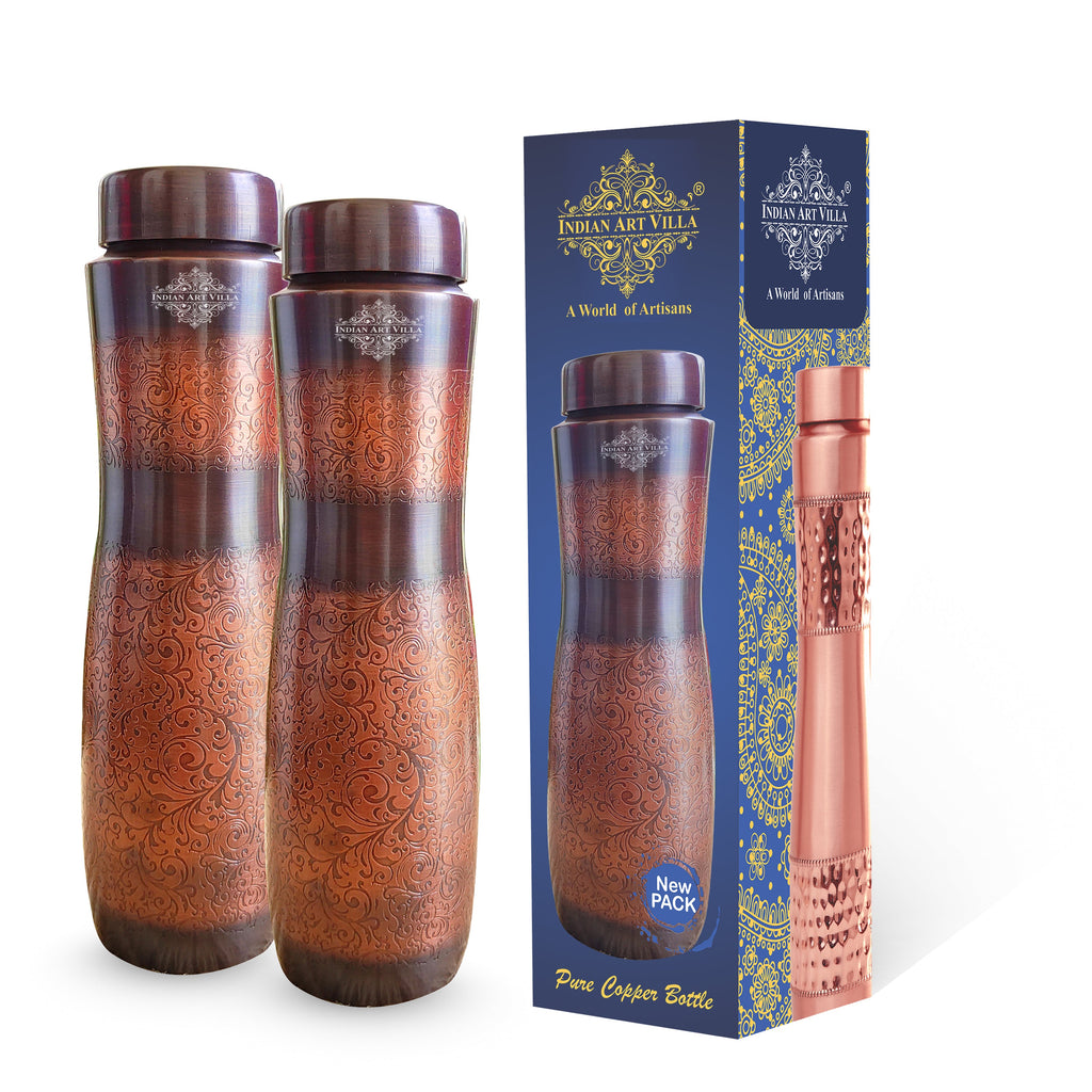 Copper Antique Dark Finish Water Bottle with Embossed Design, Volume- 1000 ML