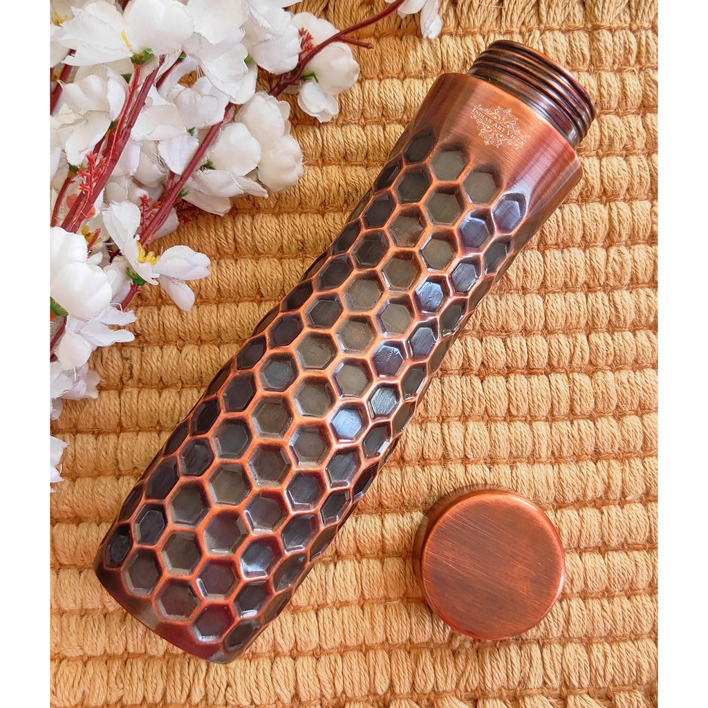Indian Art Villa Pure Copper Antique Dark Finish Water Bottle in Full Honeycomb Design, Volume- 1000 ML