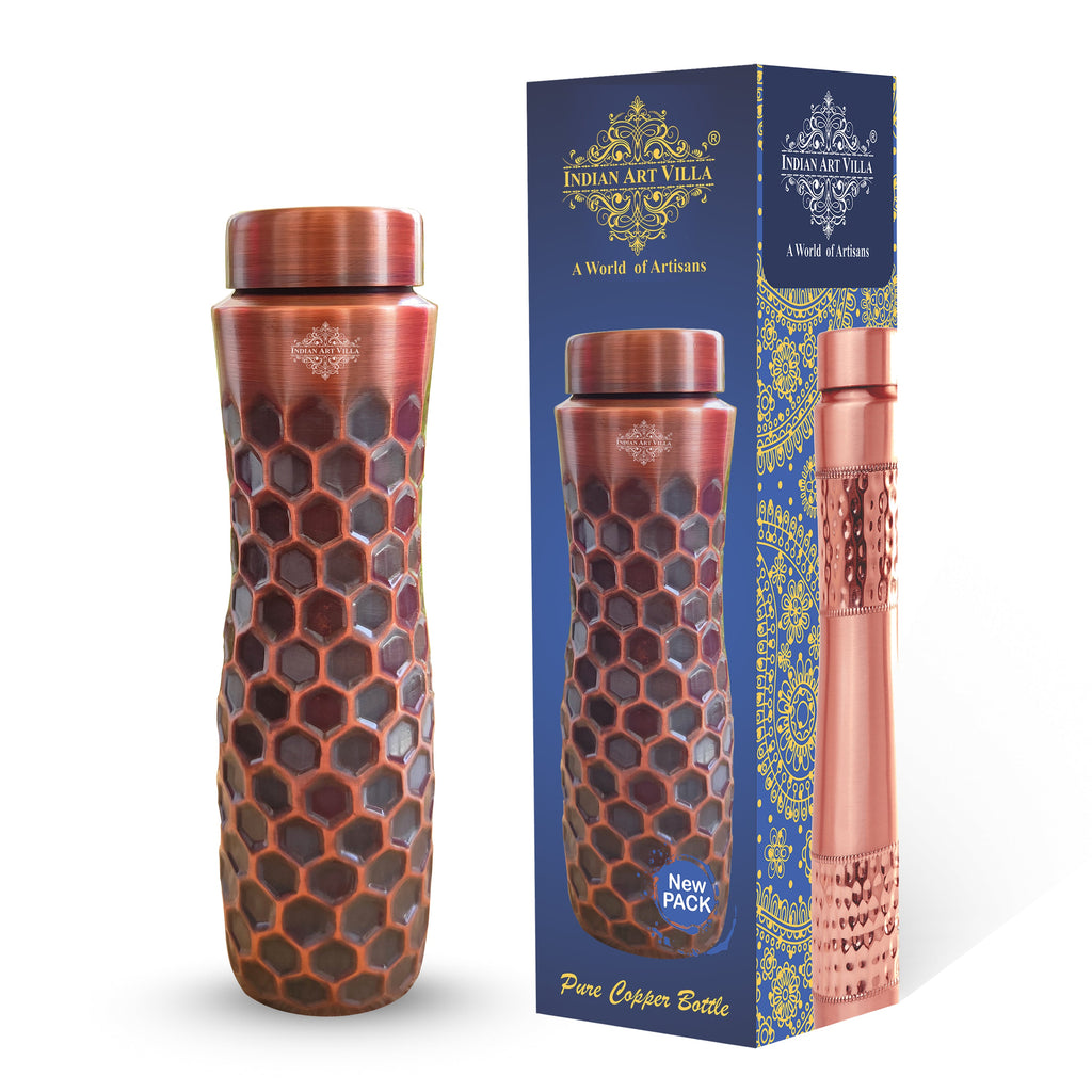 Indian Art Villa Pure Copper Antique Dark Finish Water Bottle in Full Honeycomb Design, Volume- 1000 ML