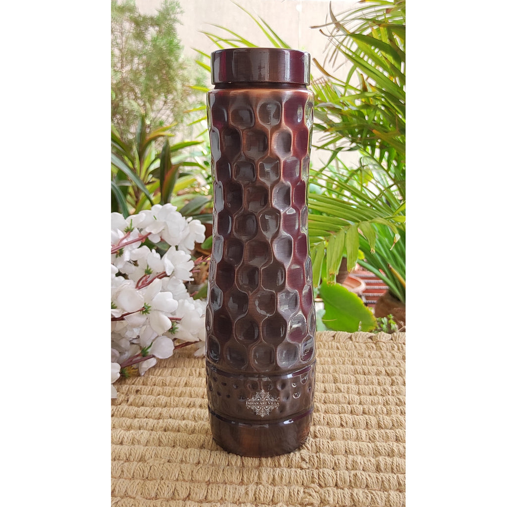 Indian Art Villa Copper Bottle With Antique Dark Finish and honeycomb Design with hammered Strip, Volume- 1000 ML Set Of 2