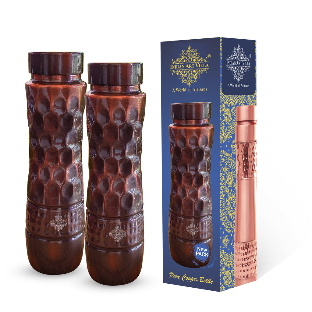 Indian Art Villa Copper Bottle With Antique Dark Finish and honeycomb Design with hammered Strip, Volume- 1000 ML Set Of 2