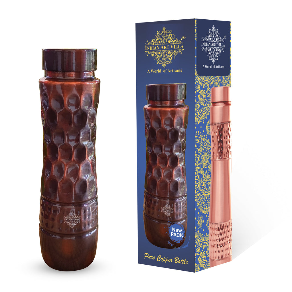 Indian Art Villa Copper Champion Bottle With Shine Finish in honeycomb Design with Hammered Strip, Volume- 1000 ML