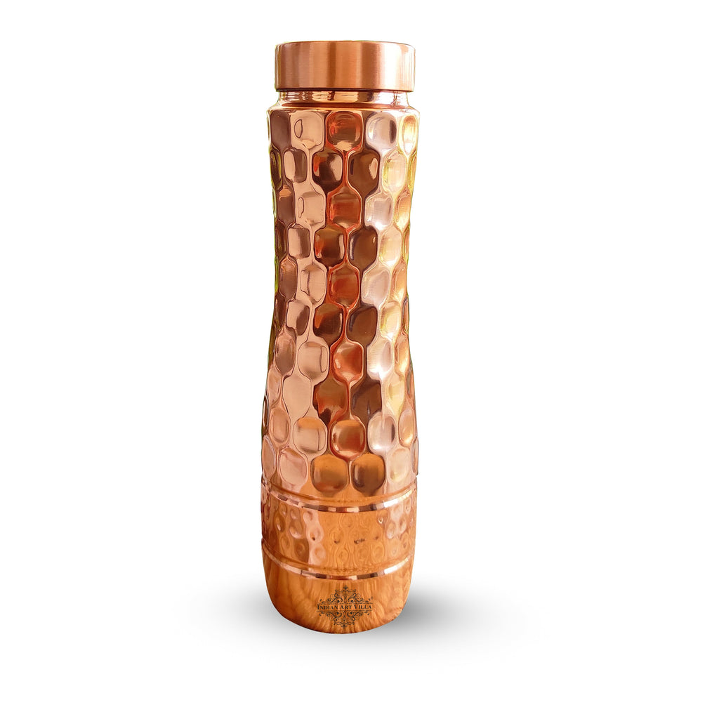Indian Art Villa Copper Champion Bottle With Shine Finish in honeycomb Design with Hammered Strip, Volume- 1000 ML