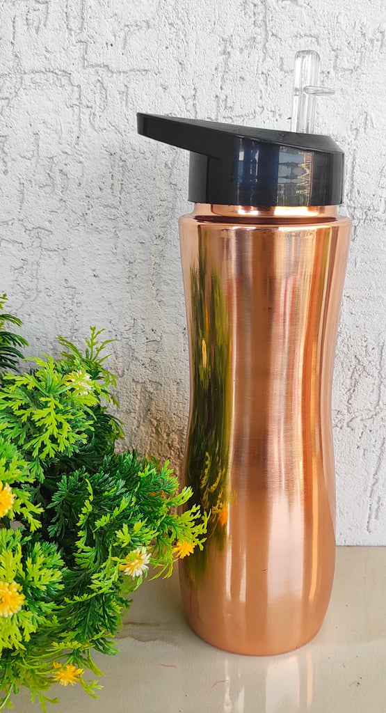 Pure Copper Lacquer Coated Leak Proof Champion Sipper Bottle with Straw, Drinkware, Serveware
