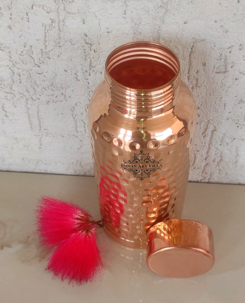 Indian Art Villa Pure Copper Lacquer Coated Bottom Ring Design Hammered Finish Bottle