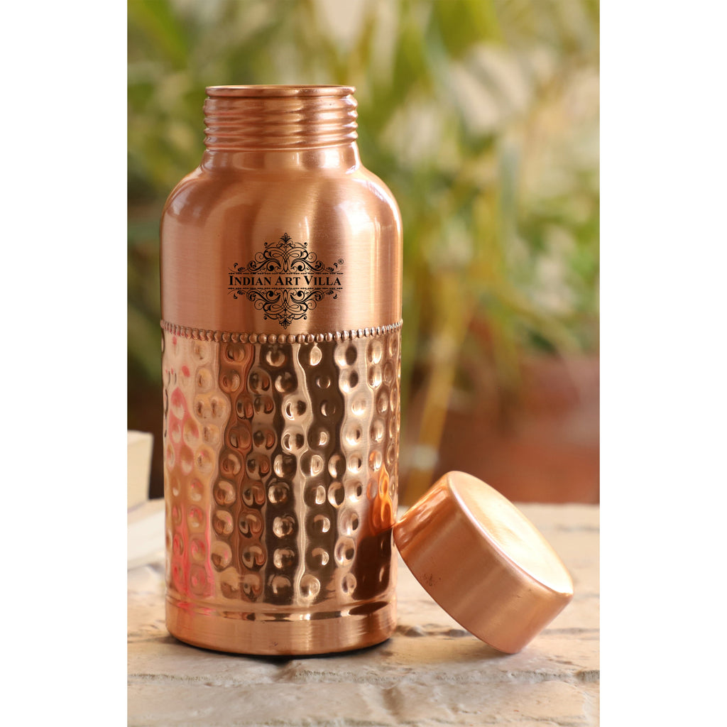 Indian Art Villa Pure Copper Water Bottle With Half Lacquer Hammered Design,  Drinkware & Storage Purpose, Ayurvedic Health Benefits, Volume- 600 ML
