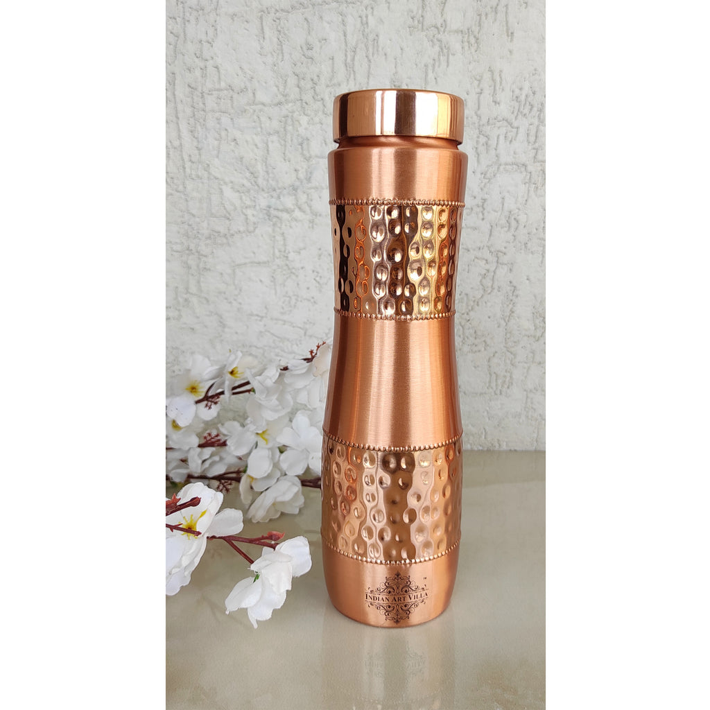 Indian Art Villa Copper Drinkware Gift Set of 2 Glass and 1 Bottle With Half Lacquer Half Hammer Design, 300 ML  Glass and 1000 ml Bottle