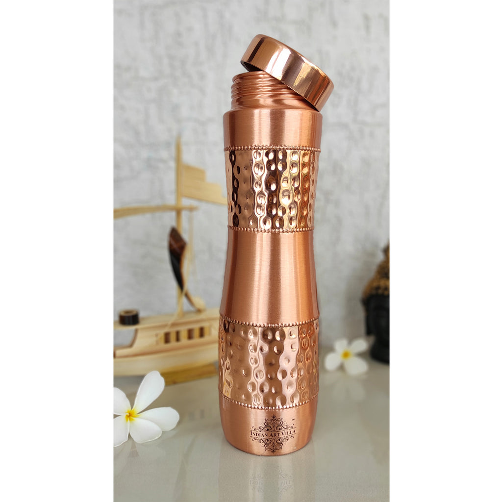 Indian Art Villa Copper Drinkware Gift Set of 2 Glass and 1 Bottle With Half Lacquer Half Hammer Design, 300 ML  Glass and 1000 ml Bottle