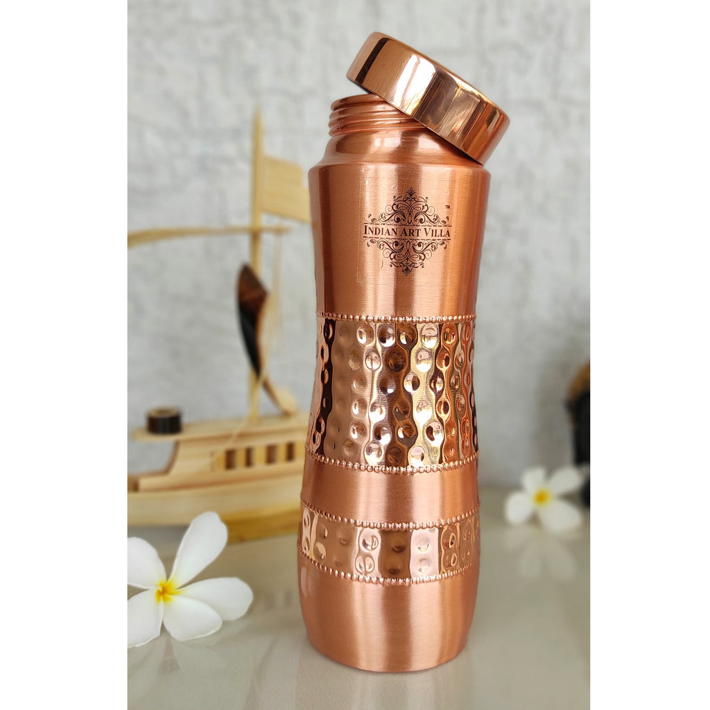 Indian Art Villa Pure Copper Water Bottle With Half Lacquer Hammered Champion Design,  Drinkware & Storage Purpose, Ayurvedic Health Benefits