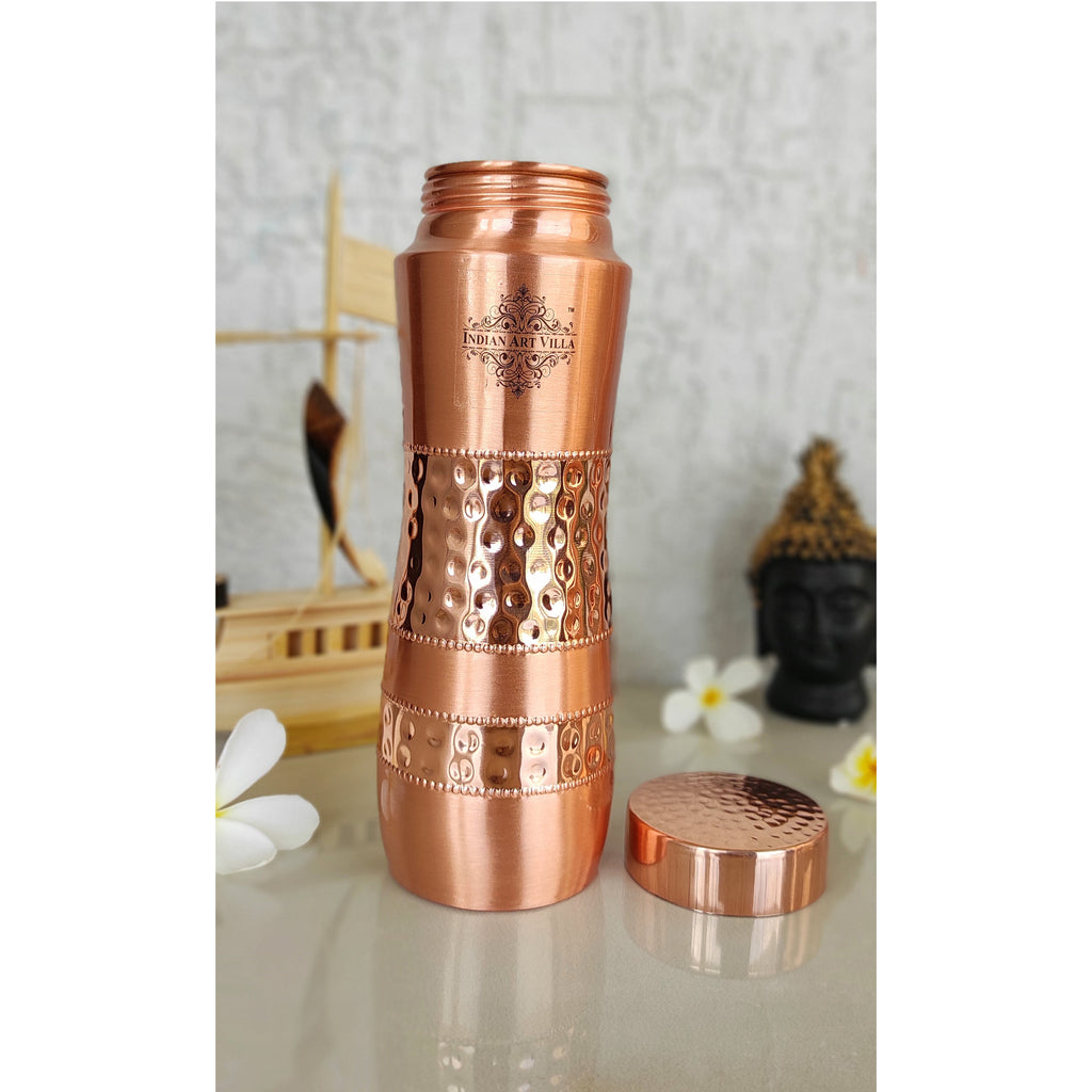 Indian Art Villa Pure Copper Water Bottle With Half Lacquer Hammered Champion Design,  Drinkware & Storage Purpose, Ayurvedic Health Benefits