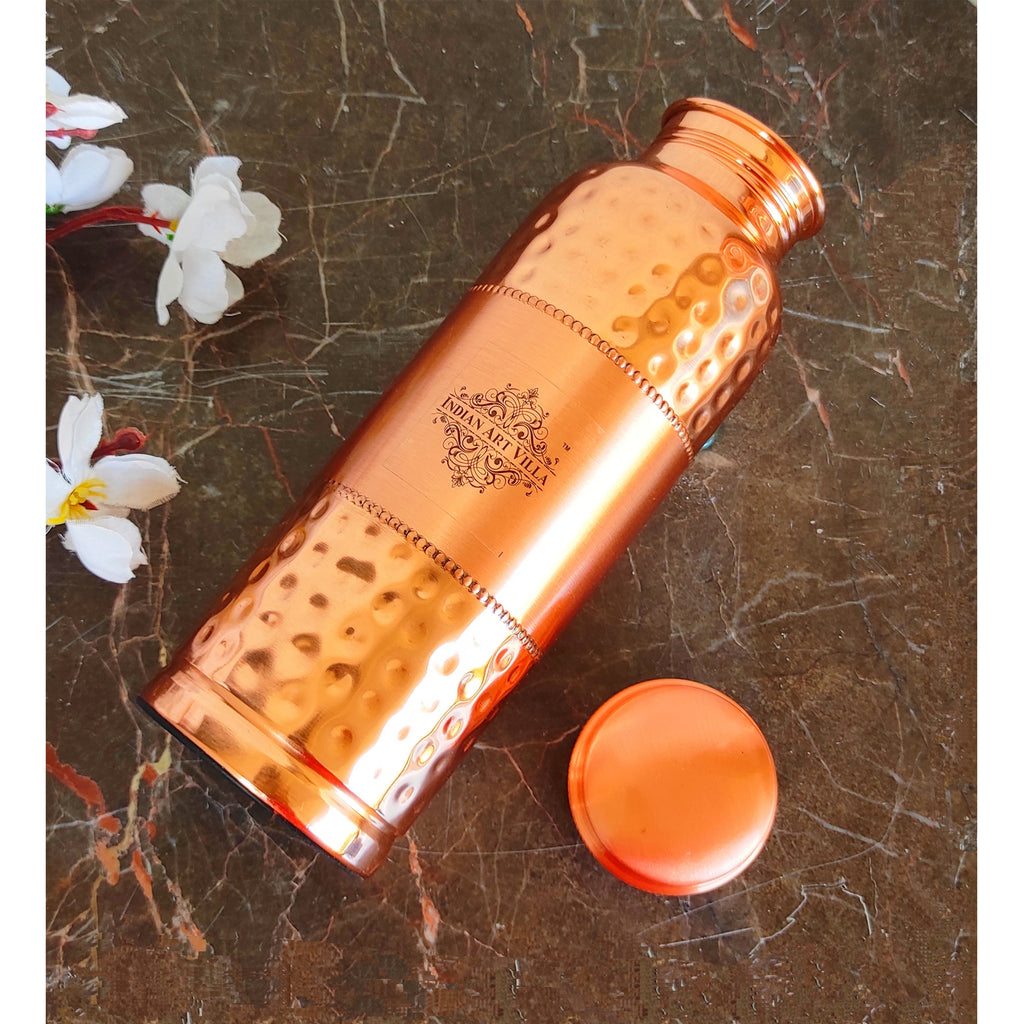 Indian Art Villa Pure Copper Water Bottle With Half hammered Half Plain Design, Drinkware & Storage Purpose, Ayurvedic Health Benefits, Volume- 750 ML