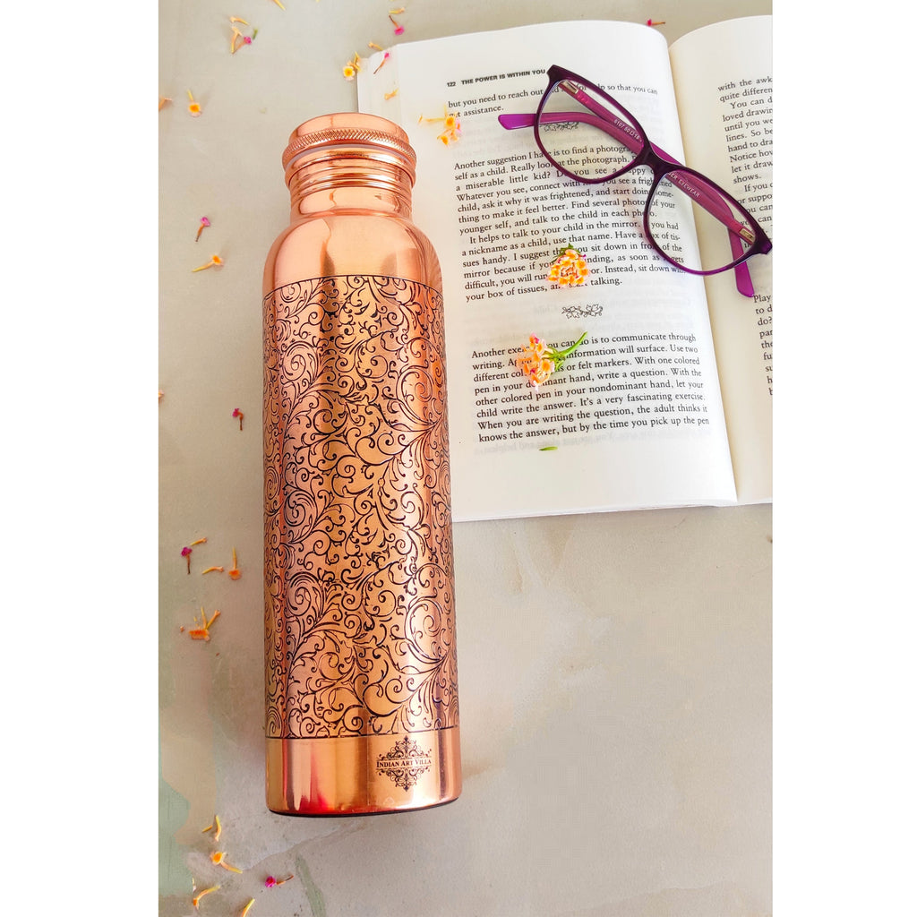 Indian Art Villa Pure Copper Water Bottle With Embossed Design, Drinkware & Storage Purpose, Ayurvedic Health Benefits, Volume- 1000 ML Set Of 2