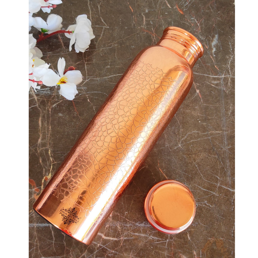 Indian Art Villa Pure Copper Water Bottle With Floral Vines Embossed Design, Drinkware & Storage Purpose, Ayurvedic Health Benefits, Volume- 1000 ML