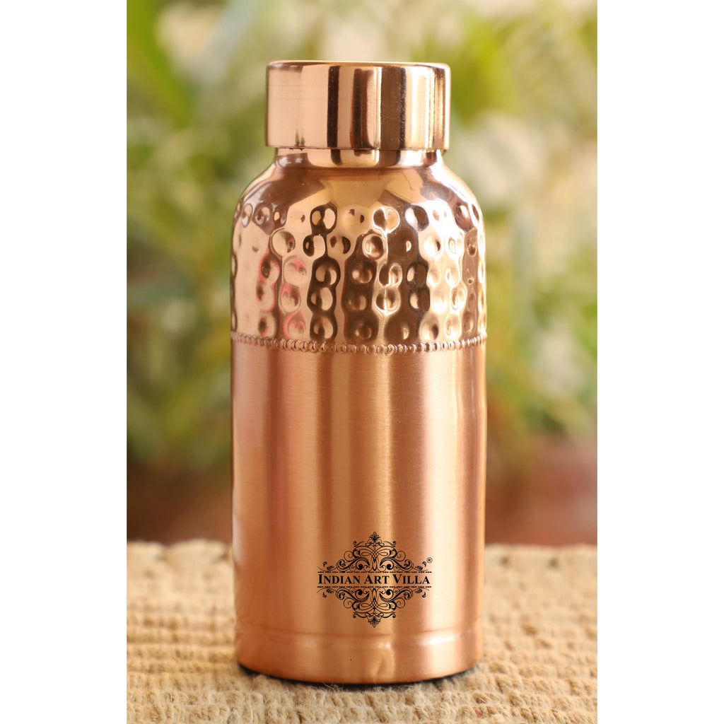 Indian Art Villa Pure Copper Water Bottle With Upper hammered Bottom Plain Design,  Drinkware & Storage Purpose, Ayurvedic Health Benefits, Volume- 600 ML