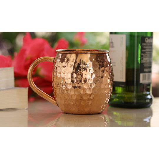Copper Hammered Moscow Mule Mug – Round Beer Mug with Handle, Pure Copper Drinkware for Cocktails & Gifting in Indian Art Villa.