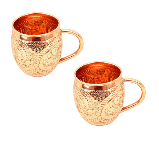Pure Copper Round Shaped Flower Embossed Design Moscow Mule Beer Mug Cup, Volume-450ML