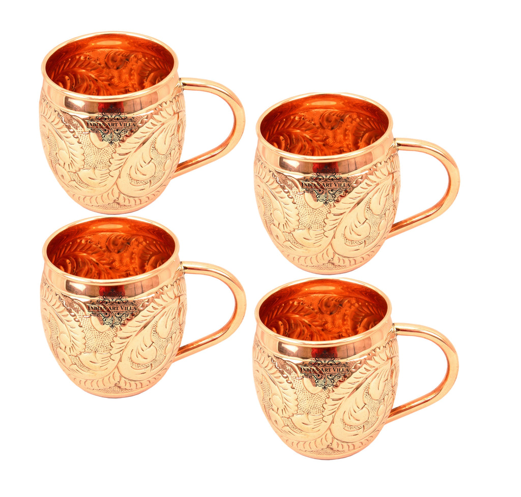 INDIAN ART VILLA Pure Copper Round Shaped Flower Embossed Design Moscow Mule Beer Mug Cup, Volume-450ML