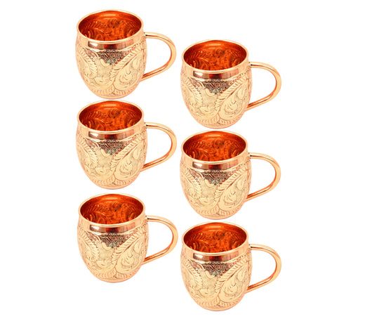 Pure Copper Round Shaped Flower Embossed Design Moscow Mule Beer Mug Cup, Volume-450ML