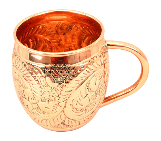 Pure Copper Round Shaped Flower Embossed Design Moscow Mule Beer Mug Cup, Volume-450ML