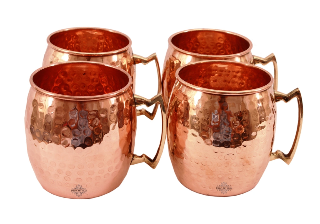 IndianArtVilla Set of 4 Pure Copper Round Hammered Moscow Mule Mug with Brass Handle 18 Oz each - Hotel, Restaurant, Bar