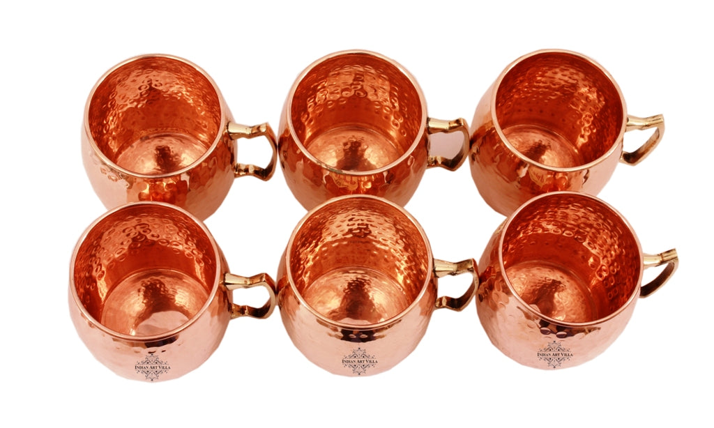 IndianArtVilla Set of 6 Pure Copper Round Hammered Moscow Mule Mug Cup with Brass Handle 530 ml (18 Oz) each - Hotel, Restaurant, Bar