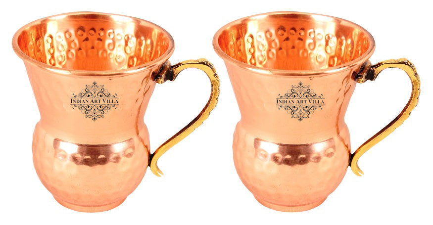 IndianArtVilla Set of 2 Pure Copper Hammered Glass with Brass Handle 400 ML each - Serving Water Drinkware Home Hotel Restaurant Tableware Gift