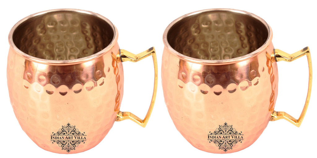 IndianArtVilla Set of 2 Pure Copper Moscow Mule Hammered Beer Mug Cup with Brass Handle 530 ML (18 Oz) each - Bar Hotel Restaurant Drinkware Tableware
