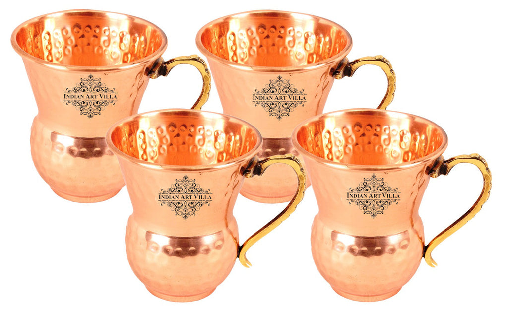 IndianArtVilla Set of 4 Pure Copper Hammered Glass Cup with Brass Handle 400 ML each - Serving Water Juices Drinkware Home Hotel Restaurant Tableware