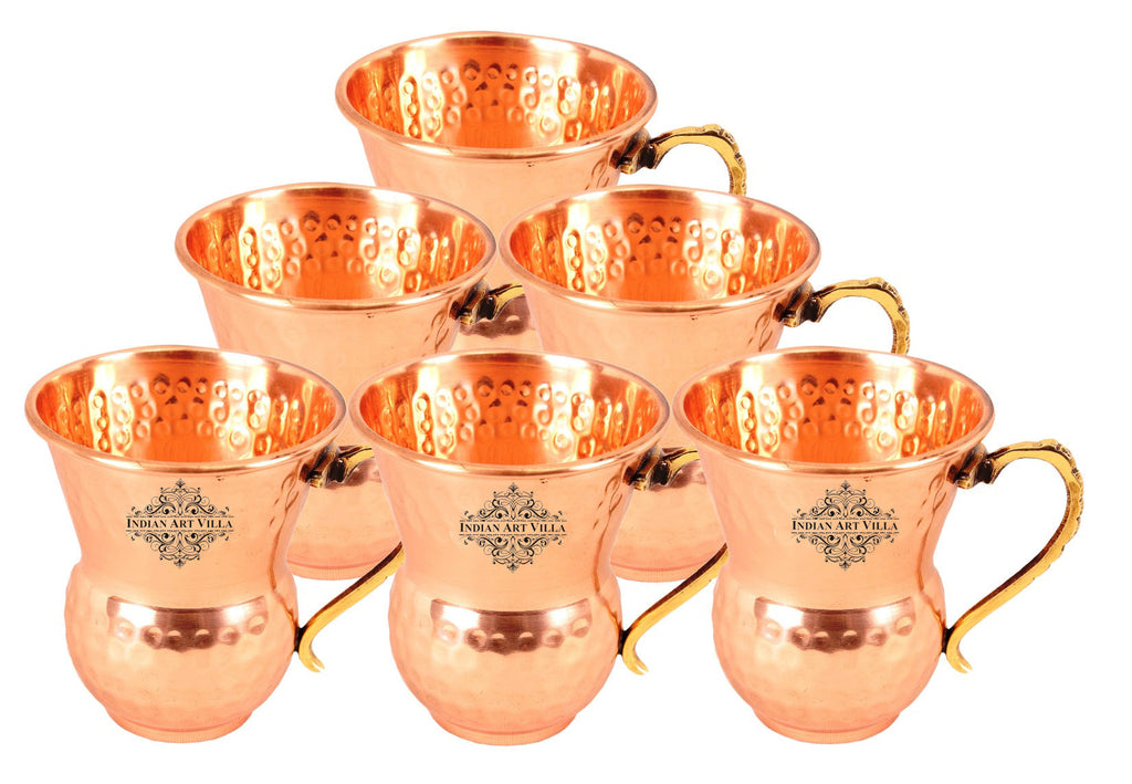 IndianArtVilla Set of 6 Pure Copper Hammered Glass Cup with Brass Handle 400 ML each - Serving Water Juices Drinkware Home Hotel Restaurant Tableware