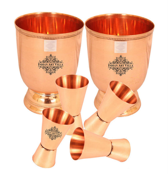 Indian Art Villa 2 Copper Wine Tumblers with 4 Shot Glasses Set Perfect for Entertaining and Cocktail Parties