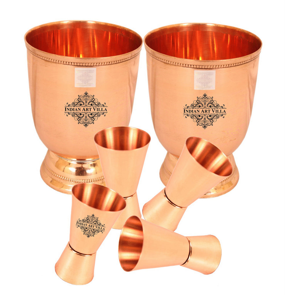 INDIAN ART VILLA Copper 2 Wine Glass Tumbler with 4 Shot Jiggers Glass, Barware Set, Best for Parties, 4 Pieces
