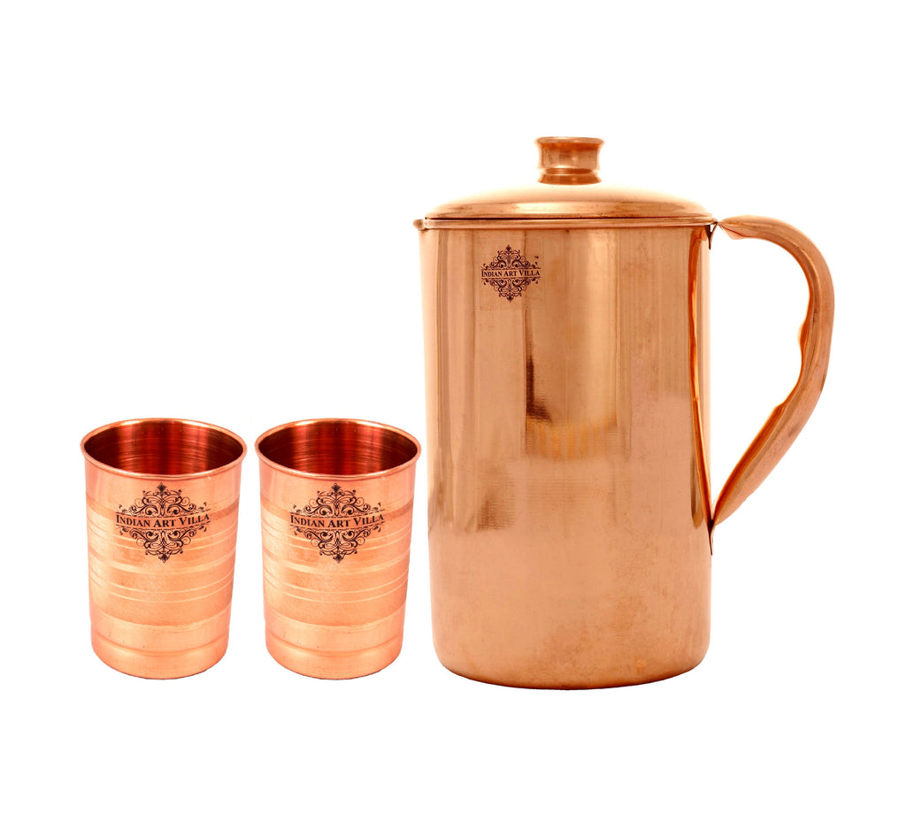 Indian Art Villa Pure Copper Jug / Pitcher with Glasses / Tumblers | Serveware | Drinkware