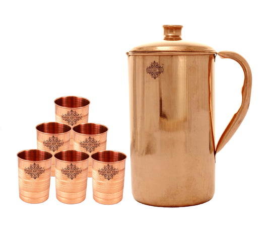 Pure copper jug pitcher with glasses top view — Indian Art Villa