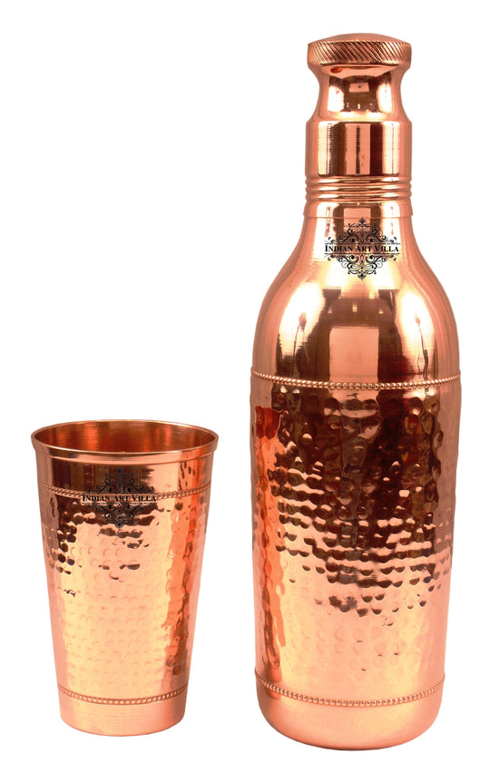 Pure copper hammered cocktail shaker bottle with 1 glass close-up — Indian Art Villa