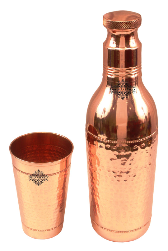 Pure copper hammered cocktail shaker bottle with 1 glass side view — Indian Art Villa