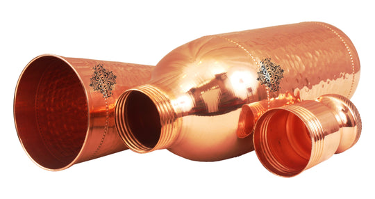 Pure copper hammered cocktail shaker bottle with 1 glass angle view — Indian Art Villa