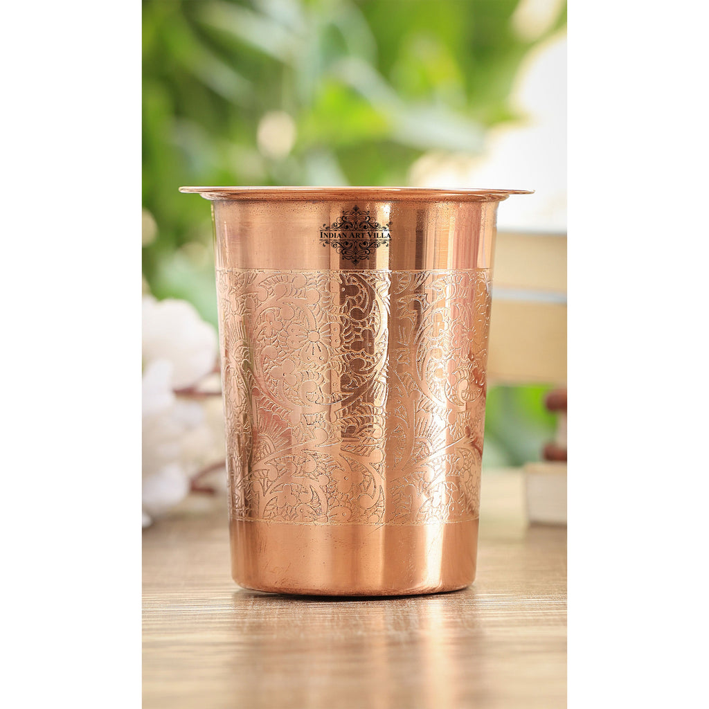 INDIAN ART VILLA Pure Copper Embossed Glass, Tumbler With Plain Lid, Drinkware, 300ml