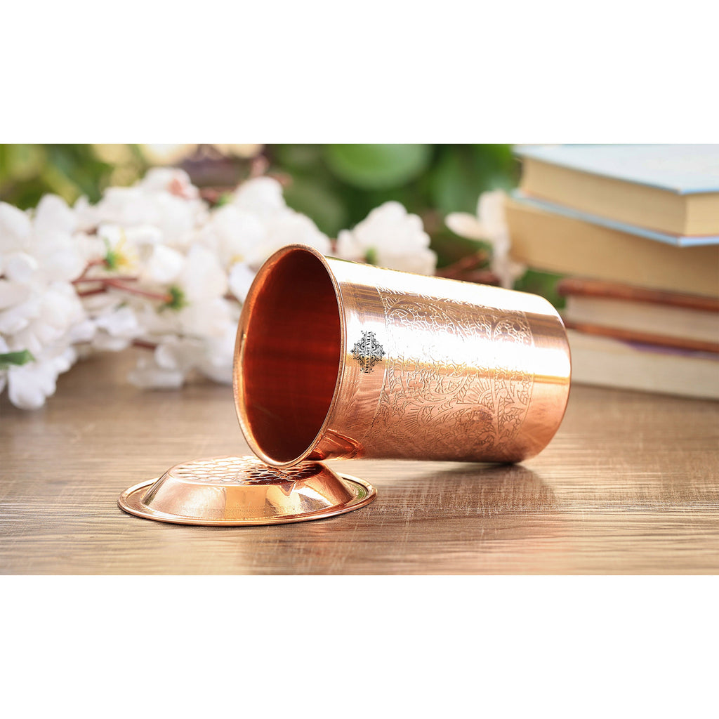 INDIAN ART VILLA Pure Copper Embossed Glass, Tumbler With Plain Lid, Drinkware, 300ml