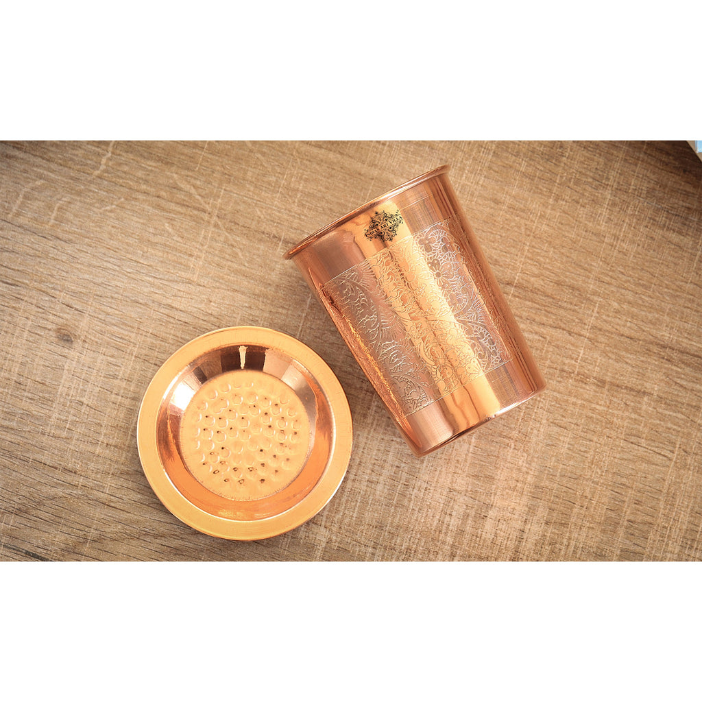 Pure Copper Embossed Glass, Tumbler With A Plain Lid, Drinkware, Serveware, 300ml