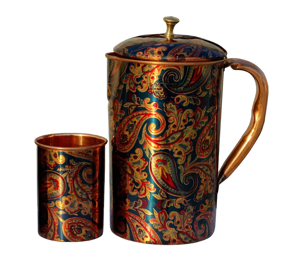 INDIAN ART VILLA Pure Copper Jug Pitcher with Glass Set, Printed Design, Serving water