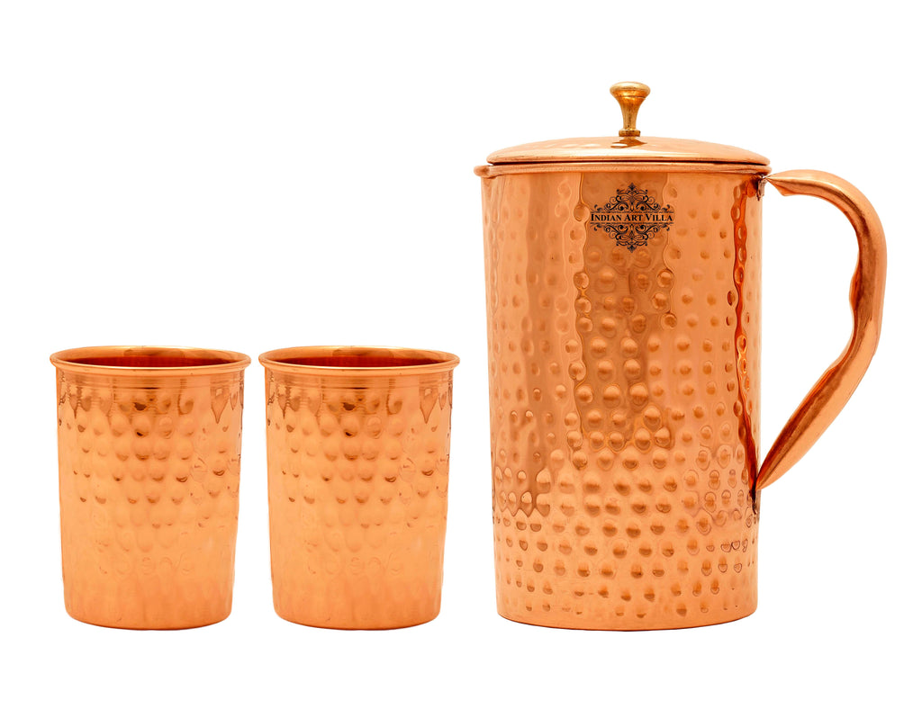 Indian Art Villa Pure Copper Hammered Jug Pitcher With Hammered Glass, Storage & Serving Water, Yoga Ayurveda Healing