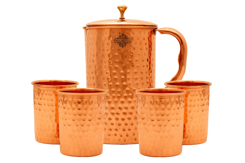 Indian Art Villa Pure Copper Hammered Jug Pitcher With Hammered Glass, Storage & Serving Water, Yoga Ayurveda Healing