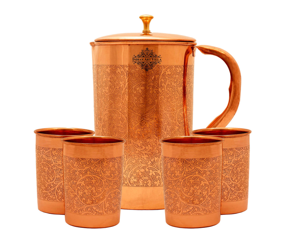 Indian Art Villa Pure Copper Embossed Jug Pitcher With Embossed Glass, Storage & Serving Water, Yoga Ayurveda Healing