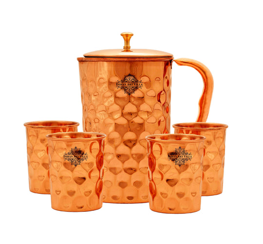 Diamond design copper jug with glass tumbler full view — Indian Art Villa