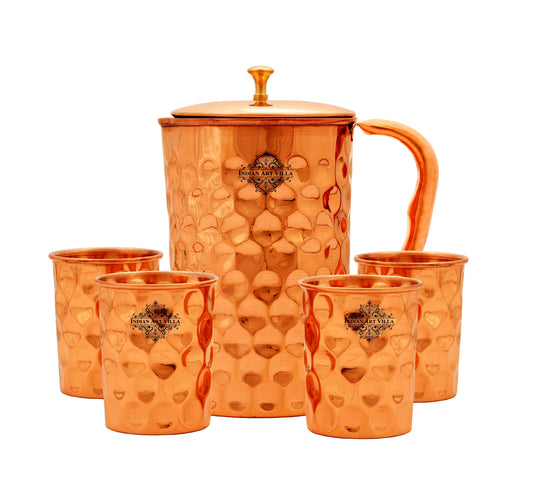 Diamond Design Copper Jug Pitcher With Glass Tumbler, Drinkware & Serveware, Copper, Brown