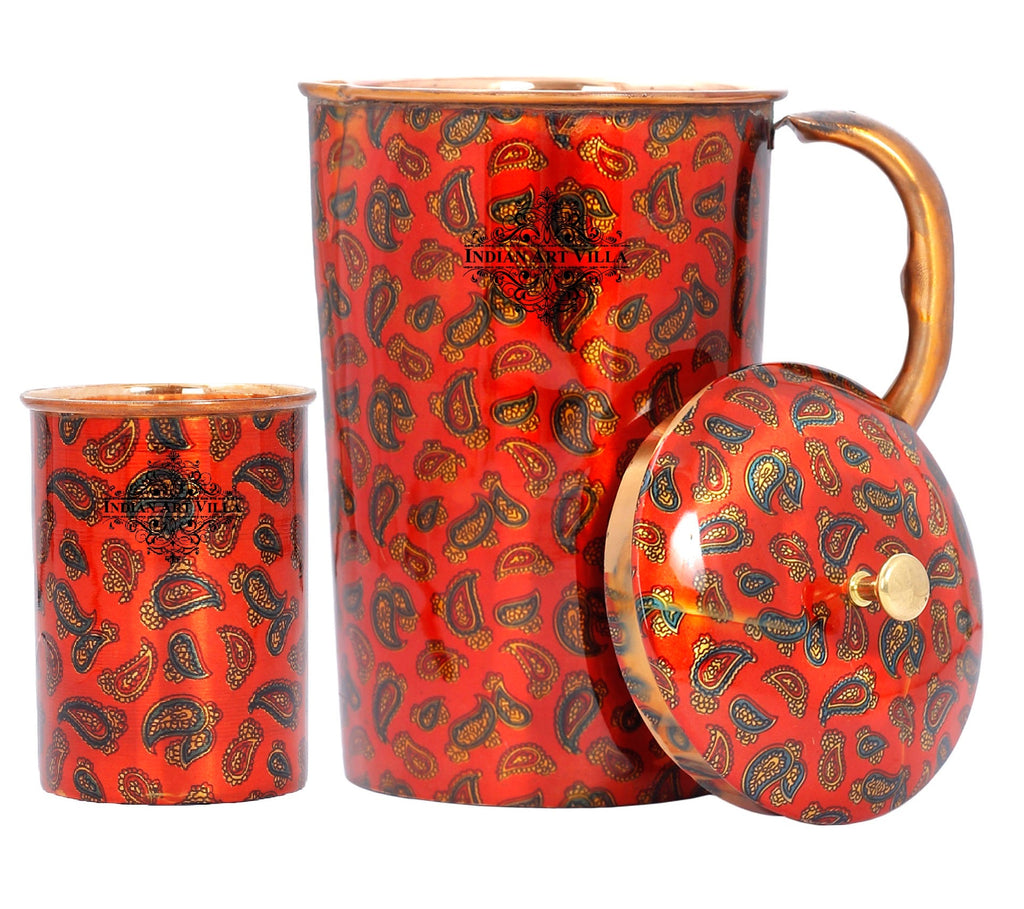 Indian Art Villa Pure Copper Jug with Glass, Printed Design Red, Diwali Anniversary Party Christmas Gift Set