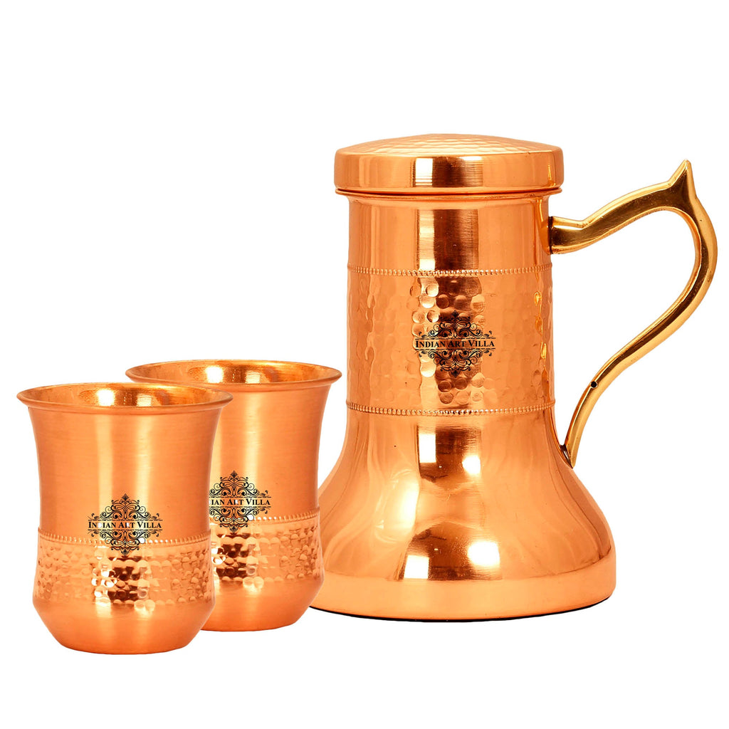 Indian Art Villa Copper Designer Hammered & Smooth Bedroom Bottle With handle and Copper Glasses,Drinkware, Diwali Anniversary Party Christmas Gift Set