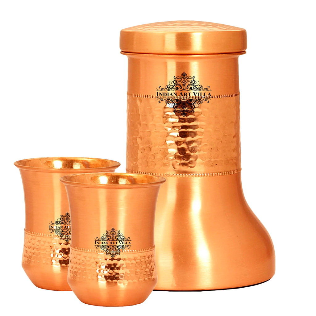 Indian Art Villa Copper Designer Hammered & Smooth Bedroom Bottle With Copper Glasses,Drinkware, Diwali Anniversary Party Christmas Gift Set